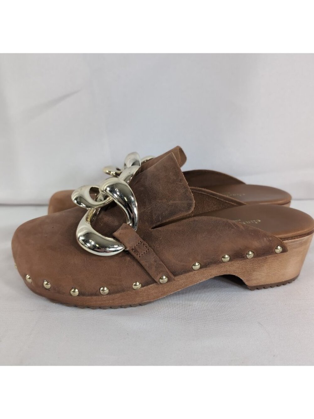 Charles David Italy Siena Mules Leather Clogs Gold Tan Chain Link EU 38 US 7.5